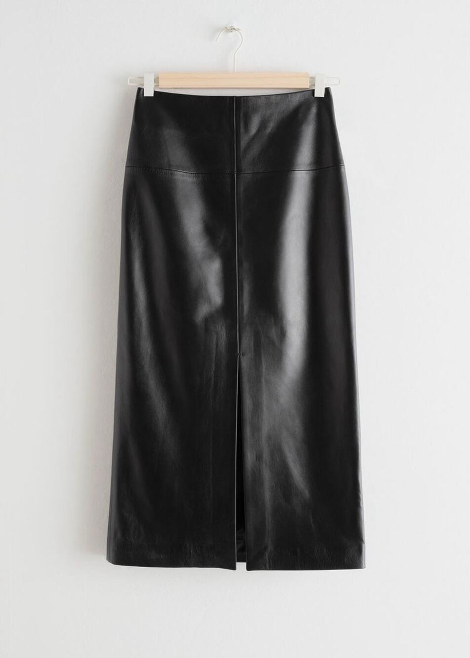 & Other Stories 100% Lamb Leather Front Slit Midi Skirt Black US 8